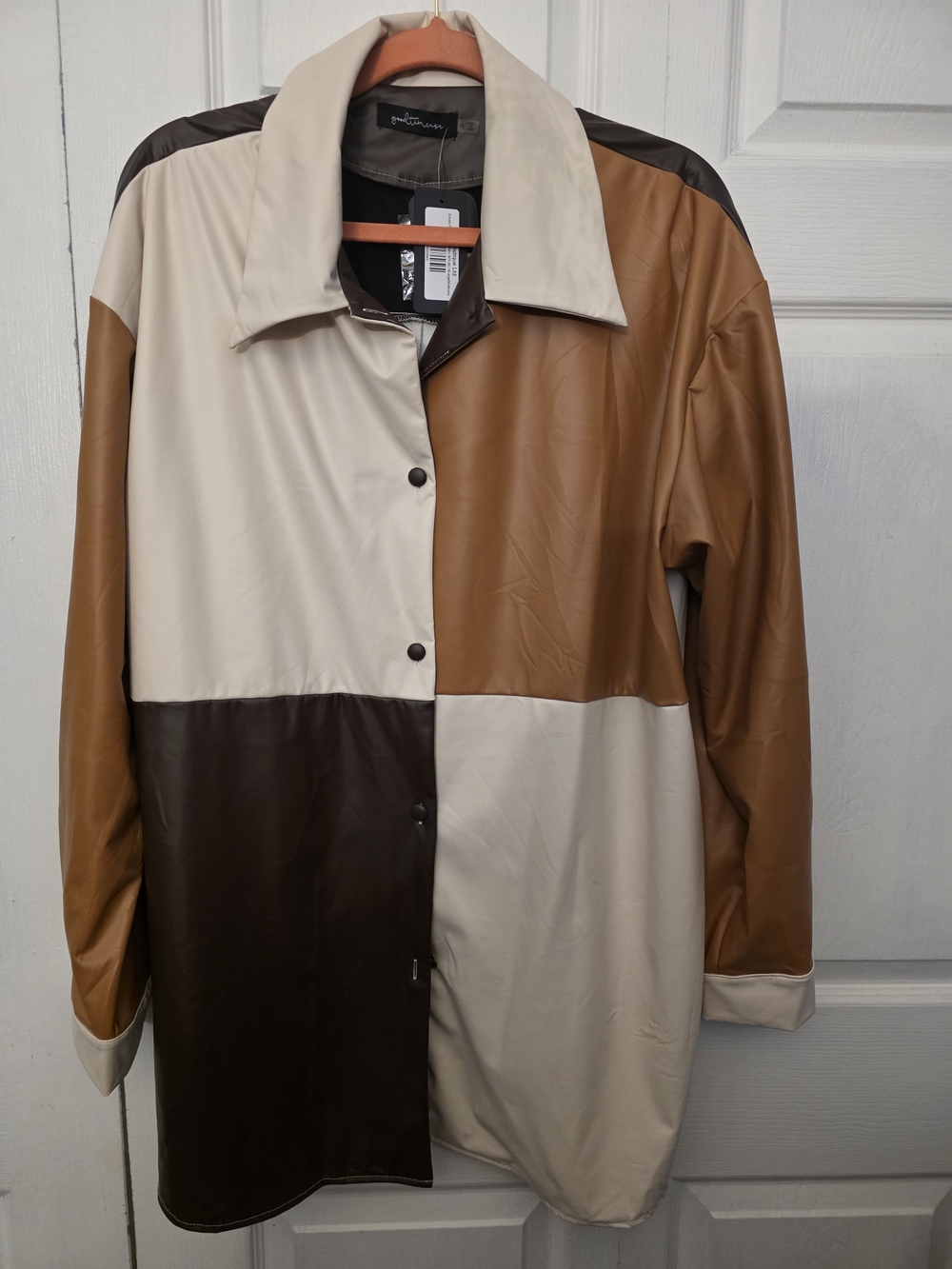 Colorblock Faux-Leather Shirt in Cream, Brown & Tan
